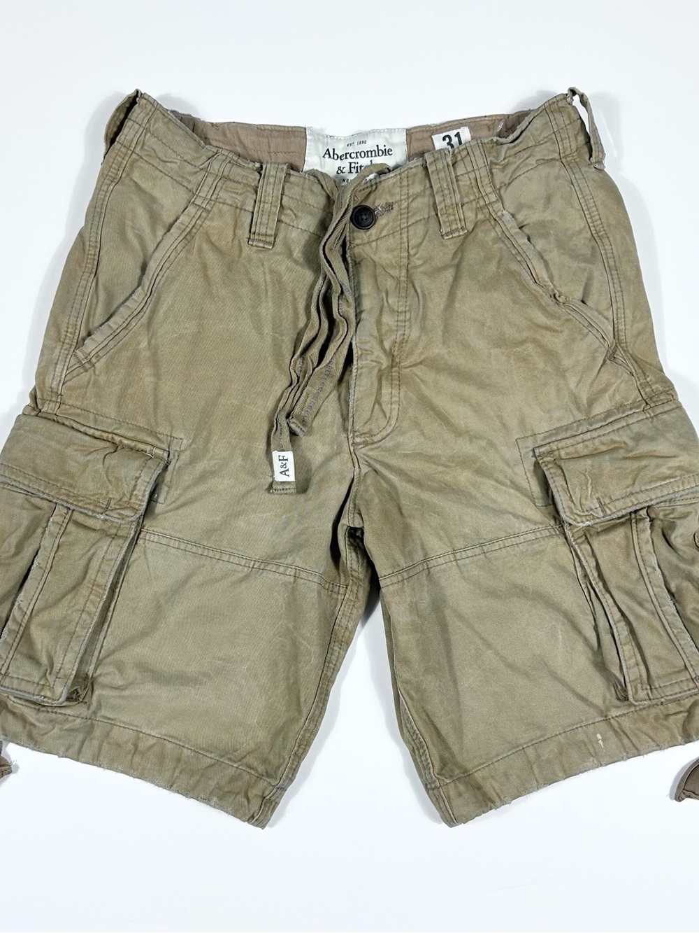 VTG Y2K Abercrombie Fitch Cargo Shorts Mens 31 Khaki Distressed Heavy Pockets